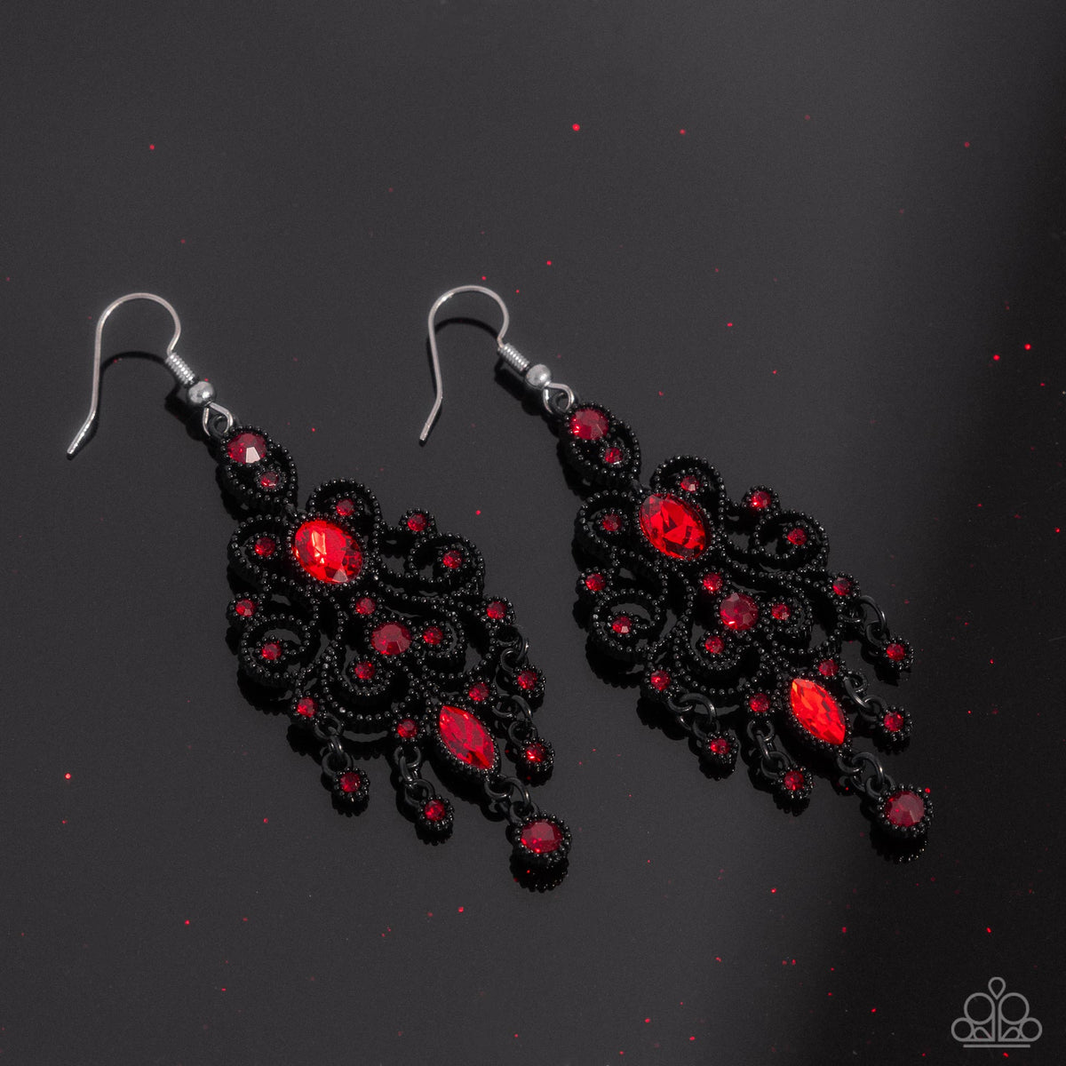 Chandelier Celebration - Red Rhinestone Black Filigree Earrings
