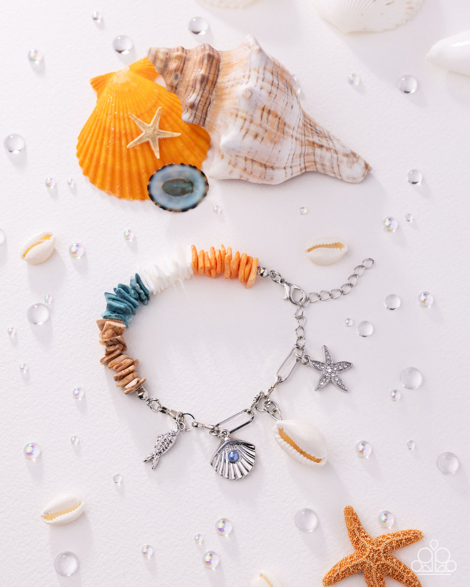 Seaside Shells - Multi Orange White Blue Brawn Silver Bracelet