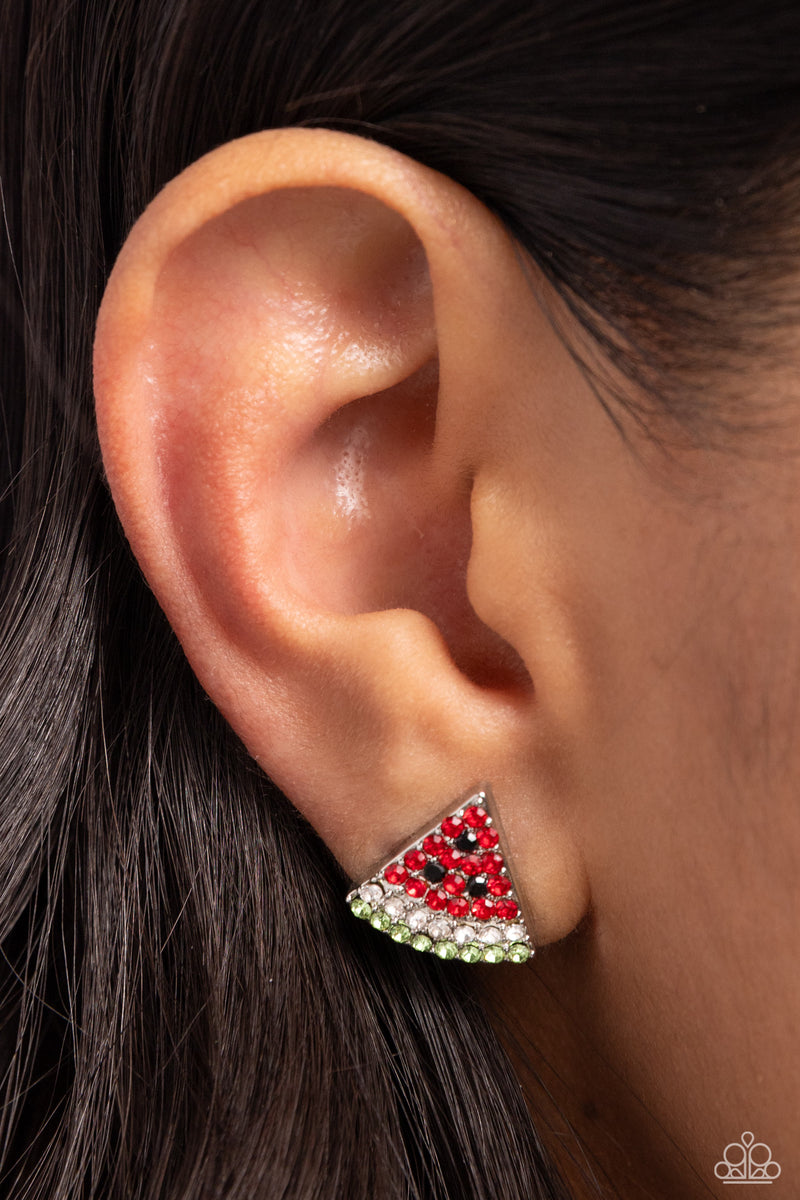 Watermelon Slice Red White Green Rhinestone Post Earrings