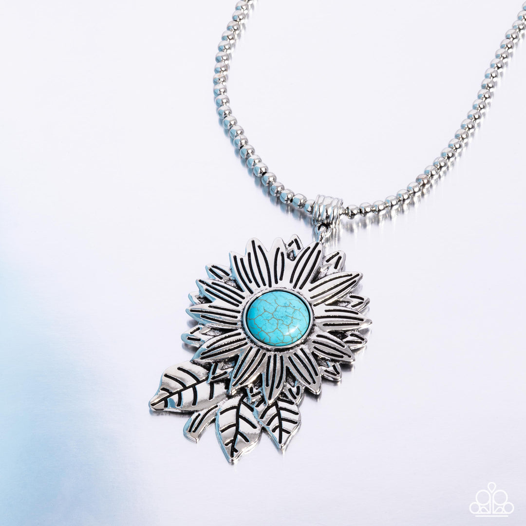 Sunflower Solstice - Blue Turquoise Silver Flower Short Necklace