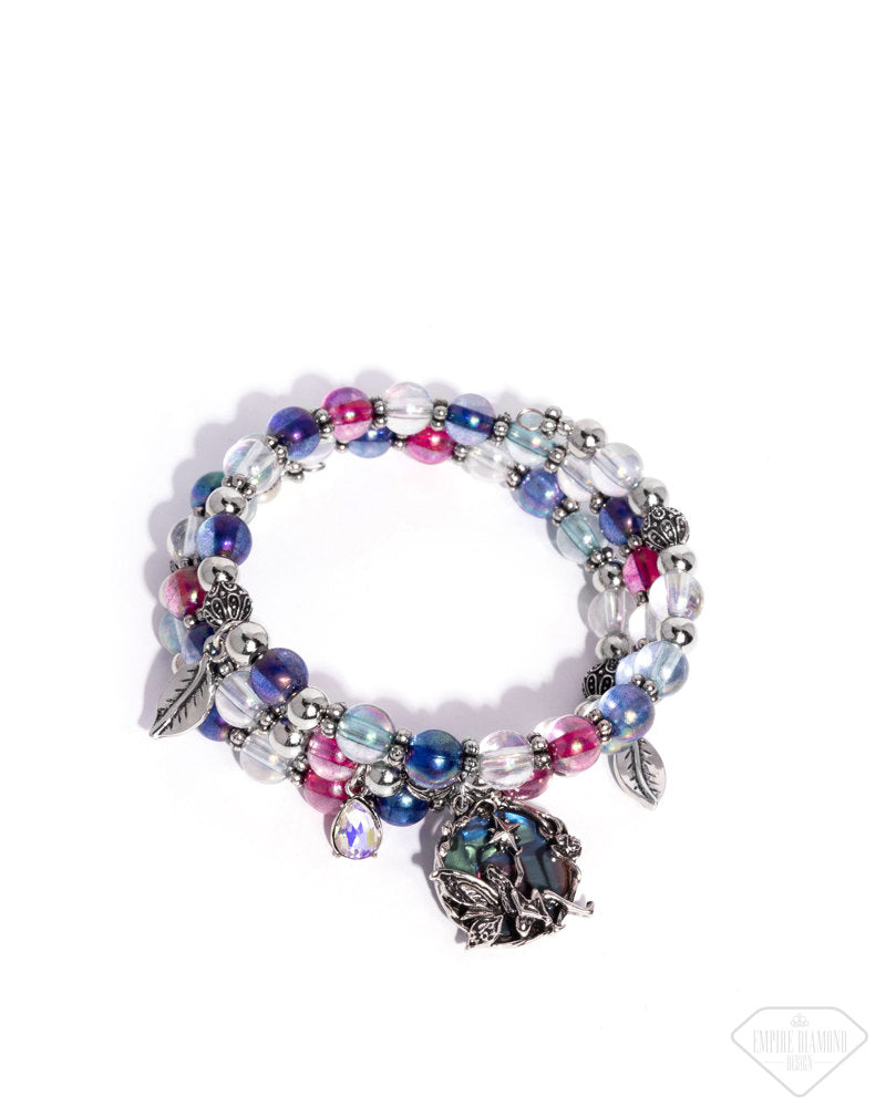 Fairy Haven - Multi Blue Pink Bead Silver Fairy Charm Coil Bracelet - Paparazzi, image size:800x1000