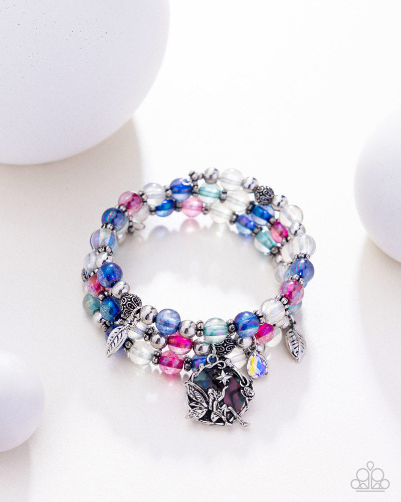 Fairy Haven - Multi Blue Pink Bead Silver Fairy Charm Coil Bracelet - Paparazzi, image size:800x1000