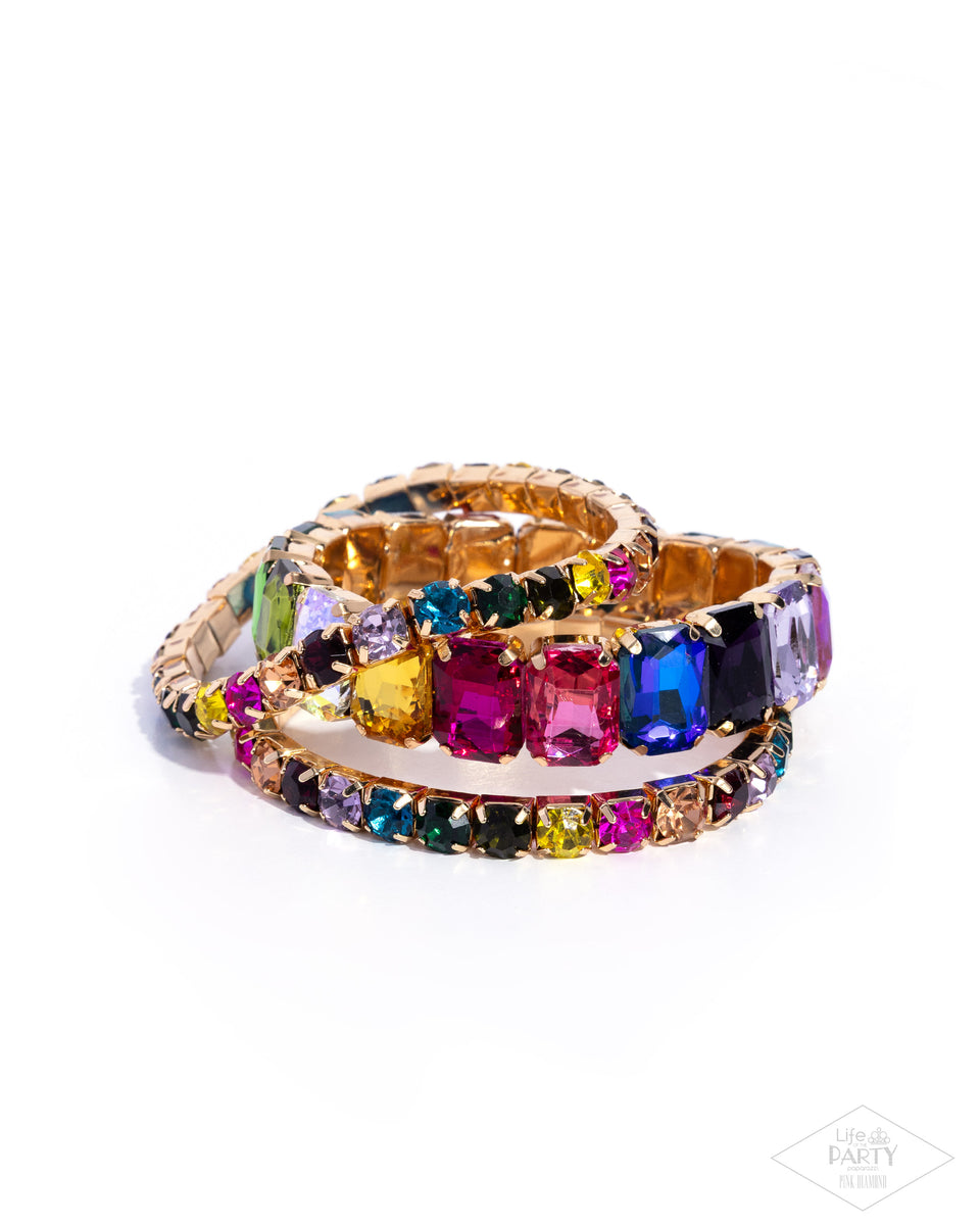 Candescent Caliber - Multi Color Gem Gold Stretchy Bracelet Stack - Br ...