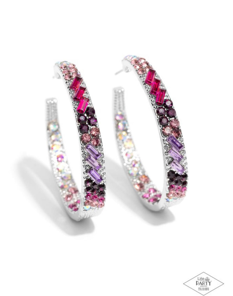 Glitzy By Association - Multi-Pink and Iridecent Rhinestone Silver Hoop  Earrings - Bring Back Exclusive - Paparazzi