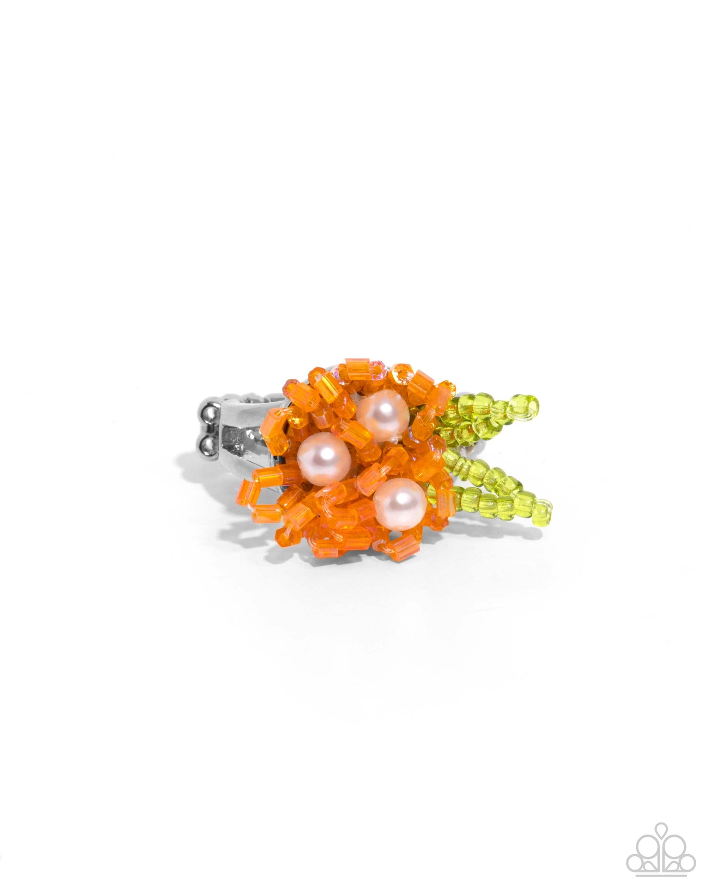 seed bead flower ring Pearl Priority - Orange Seed Bead Flower White Pearl Silver Ring – Sugar Bee Bling
