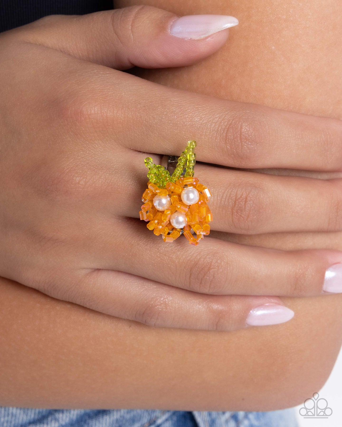 seed bead flower ring Pearl Priority - Orange Seed Bead Flower White Pearl Silver Ring – Sugar Bee Bling