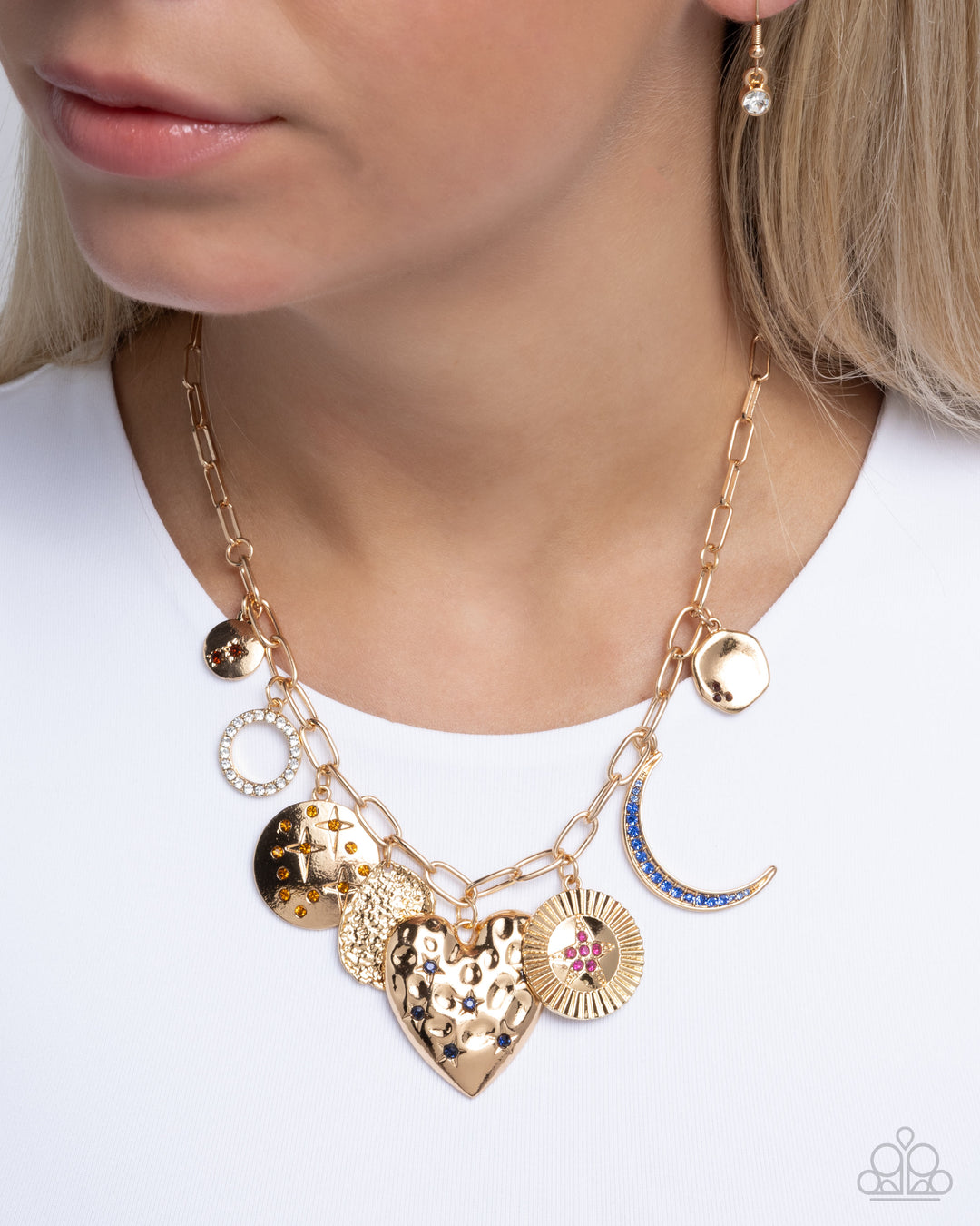 Recognizable Radiance - Multi Color Rhinestone Gold Heart Moon