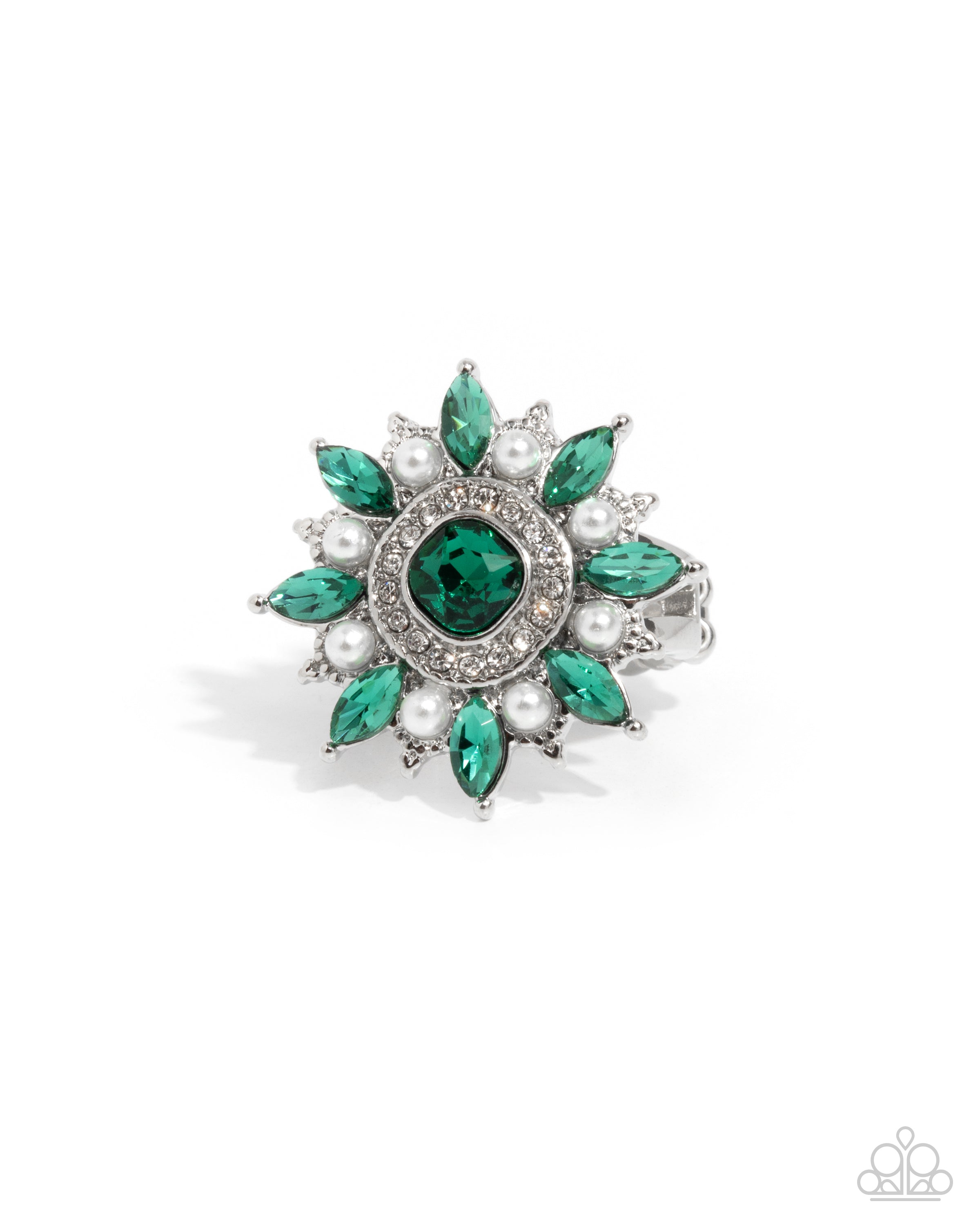 ベレーザ Forge Ahead - Green Rhinestone Gem White Pearl Silver Ring