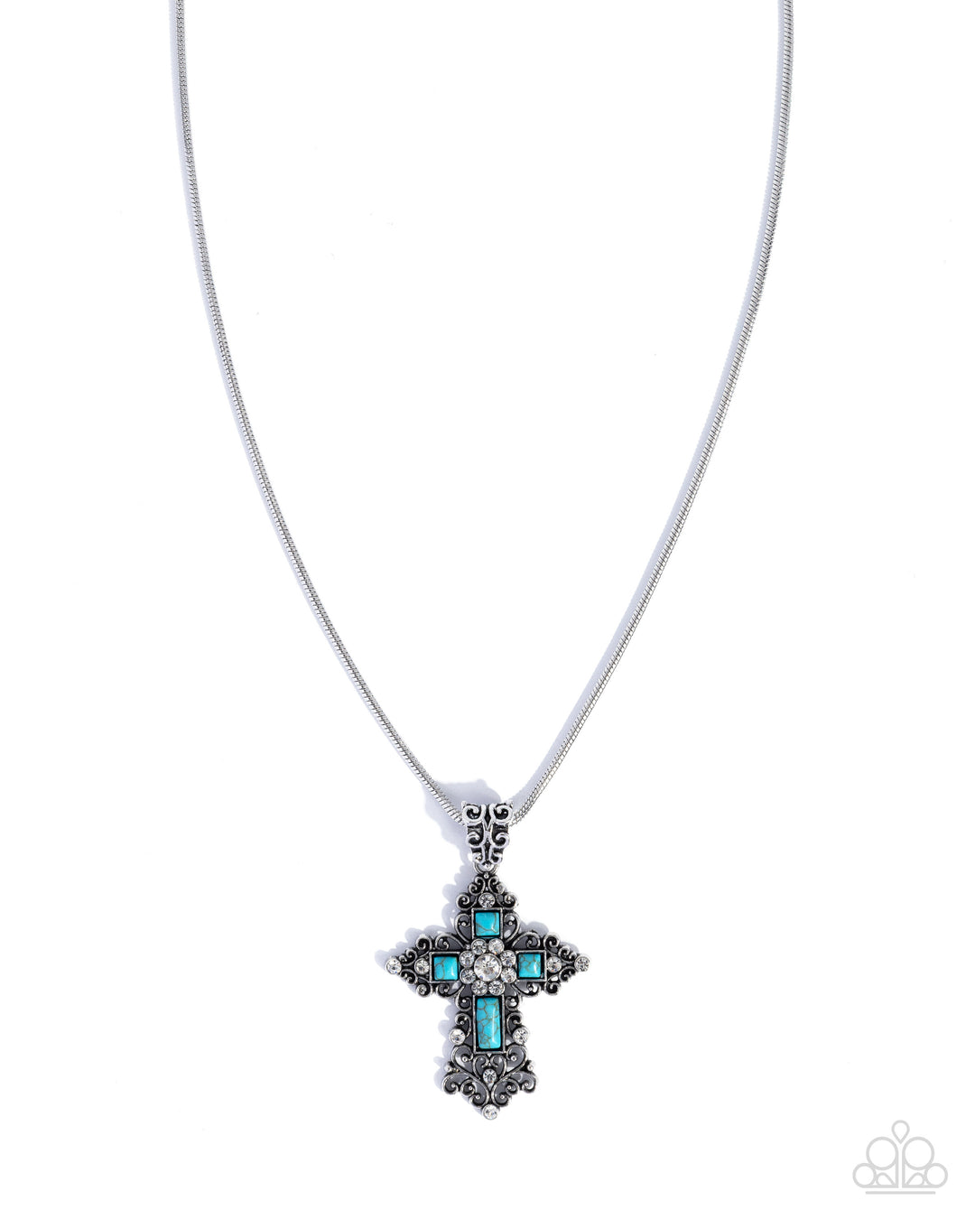 Celestial Color - Blue Turquoise Silver Cross Short Necklace
