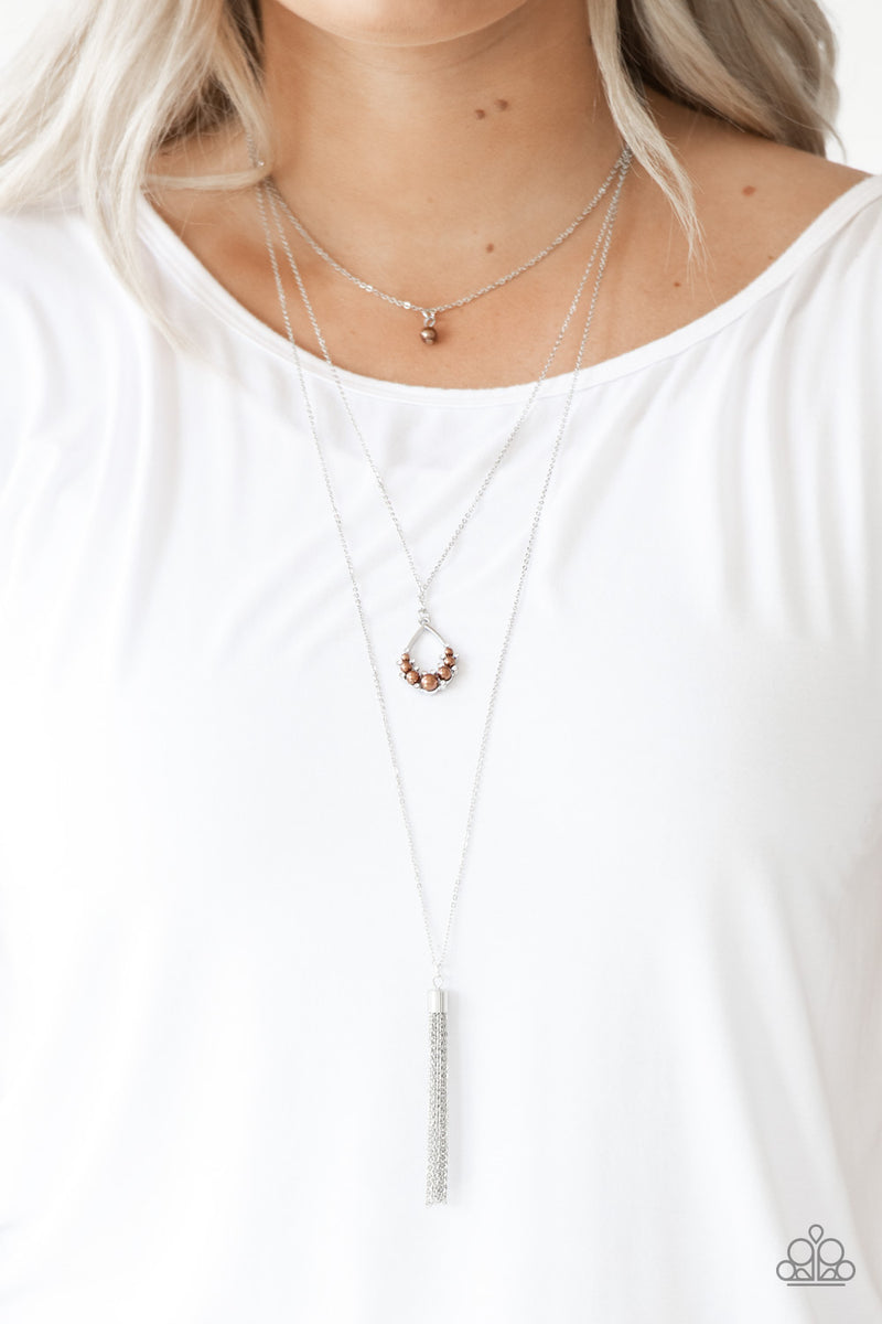 Be Fancy - Brown Pearl White Rhinestone Silver Tassel Layered Necklace ...