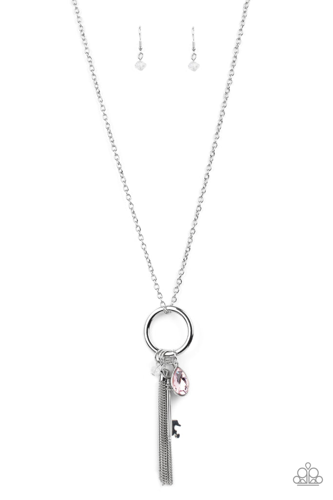 Unlock Your Sparkle Pink Teardrop Gem Silver Tassel Necklace