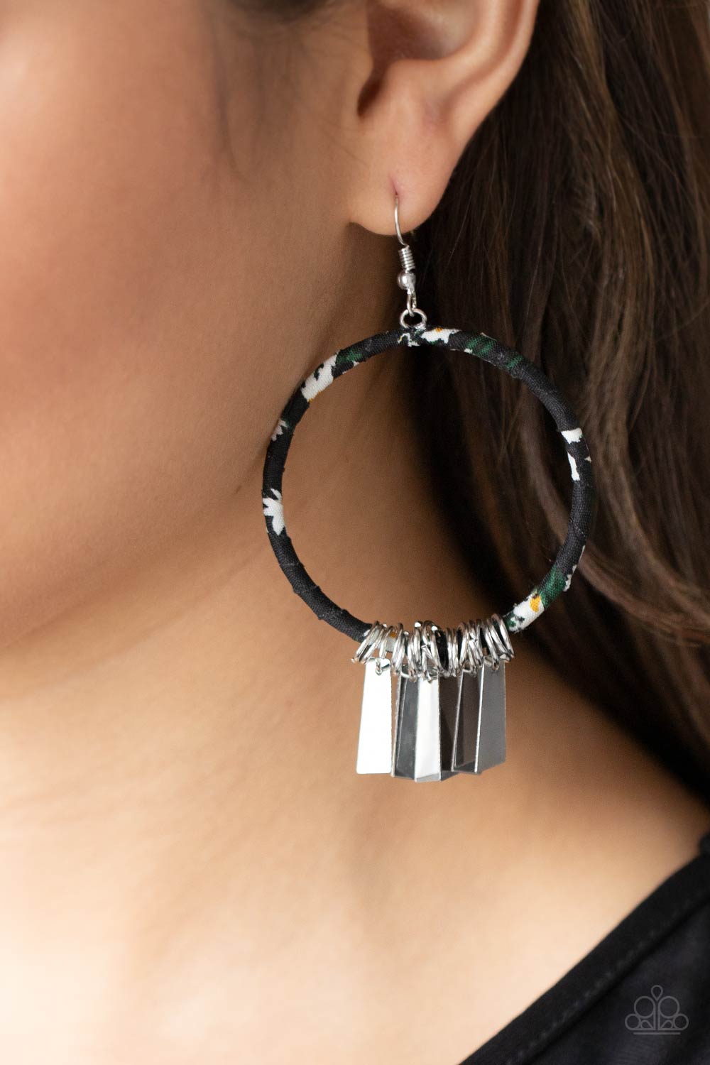 Garden Chimes Black Floral Fabric Circle Silver Fringe Earrings