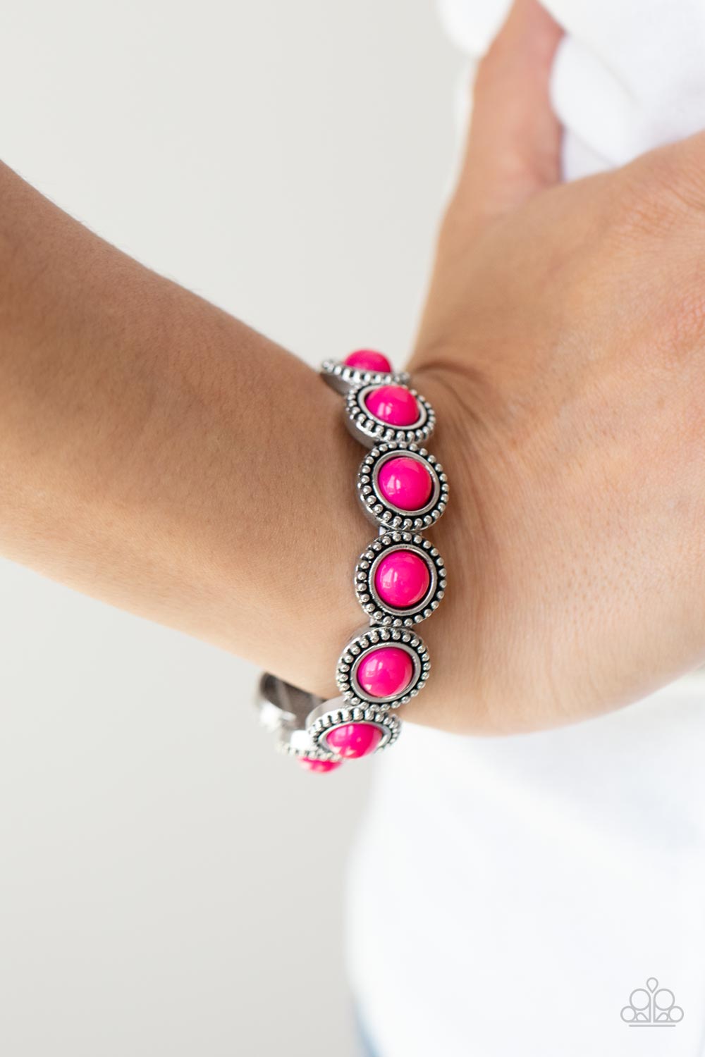 Polished Promenade Pink Bead Silver Stretchy Bracelet