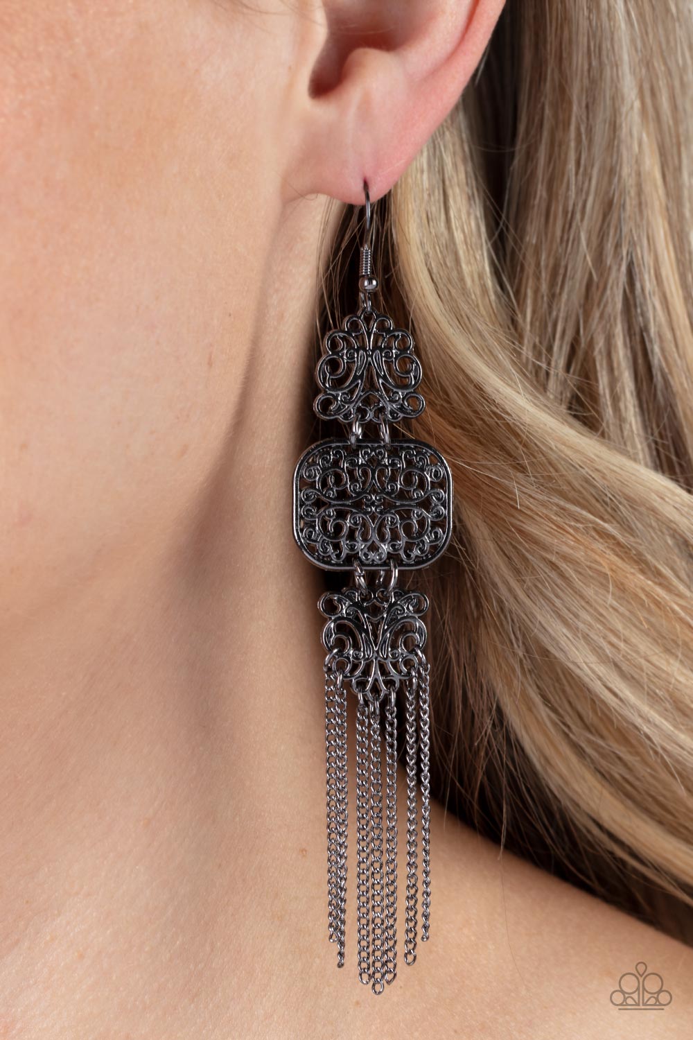 Eastern Elegance Black Gunmetal Filigree Tassel Earrings