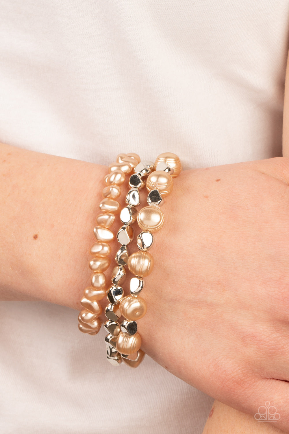 Shoreside Soiree - Brown Pearl Silver Bead Stretchy Bracelet Set 