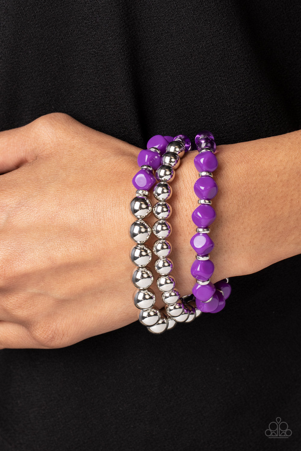 Summer Sabbatical Purple and Silver Bead Stretchy Bracelet