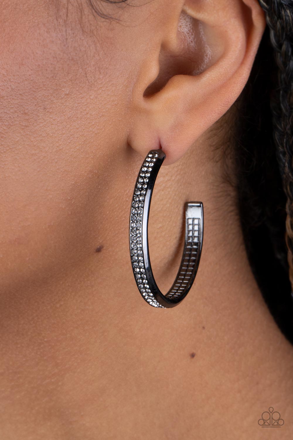 Flash Freeze Black Gunmetal White Rhinestone Hoop Earrings