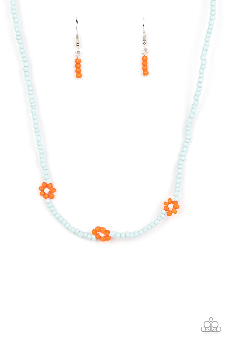 Bewitching Beading Orange and Blue Seed Bead Flower Necklace