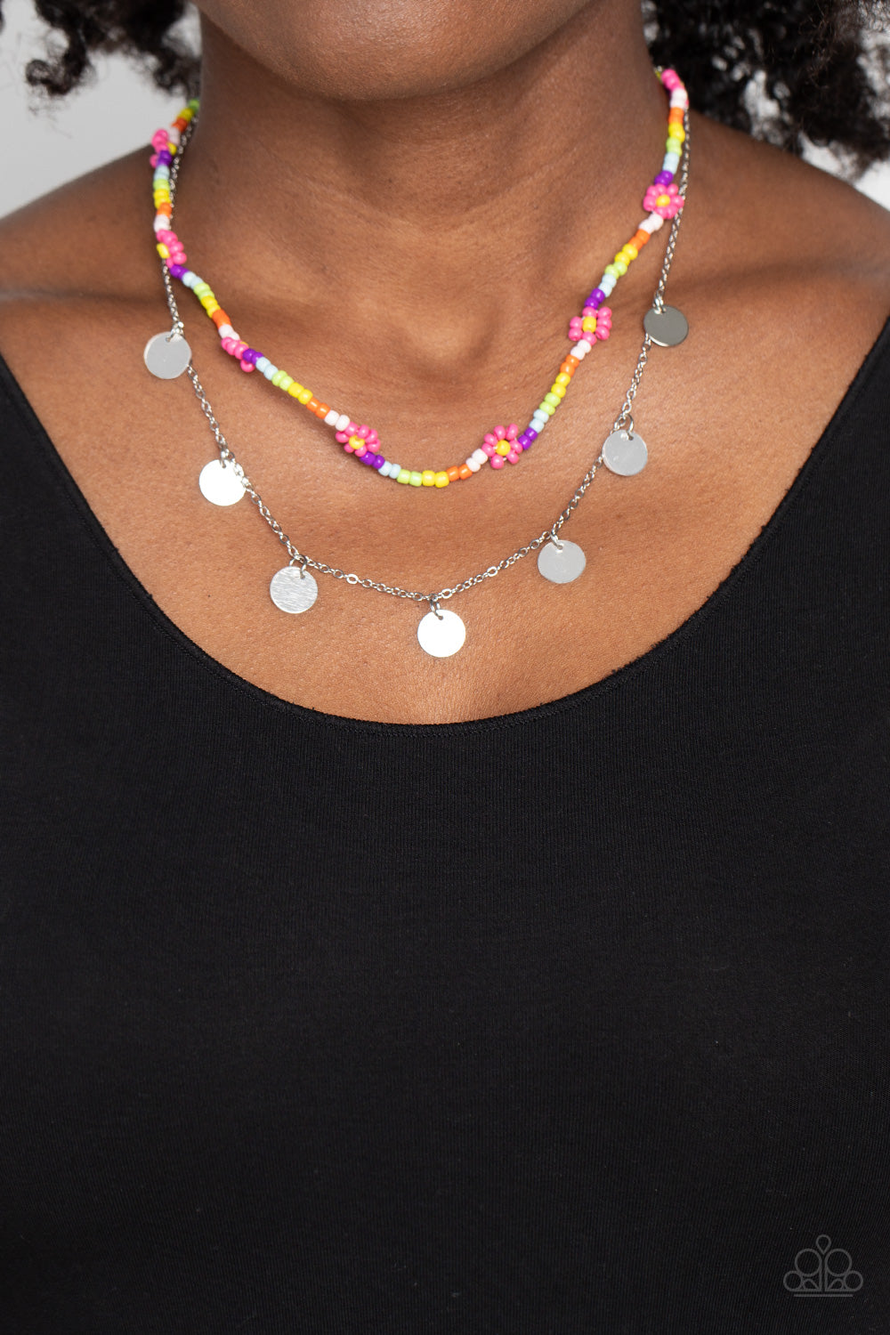 flower seed bead necklace Rainbow Dash - Pink Flower Multi-Color Seed Bead Silver Layered Neckla –  Sugar Bee Bling