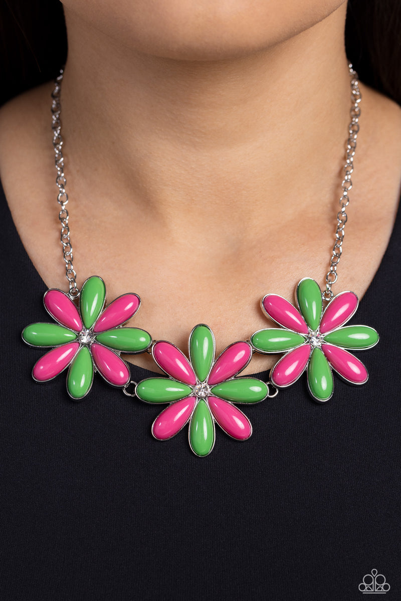 Bodacious Bouquet - Green and Pink Flower Silver Short Necklace – Sugar ...