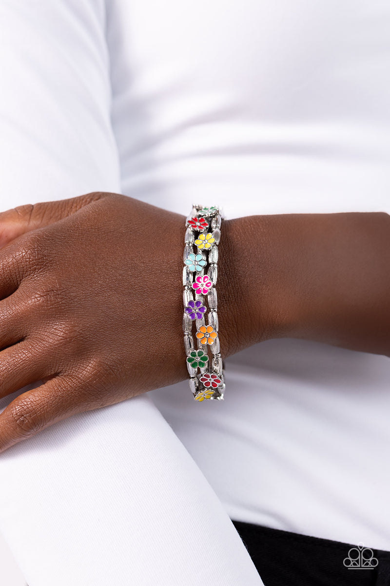 Scattered Springtime - Multi Color Flower Silver Stretchy Bracelet ...
