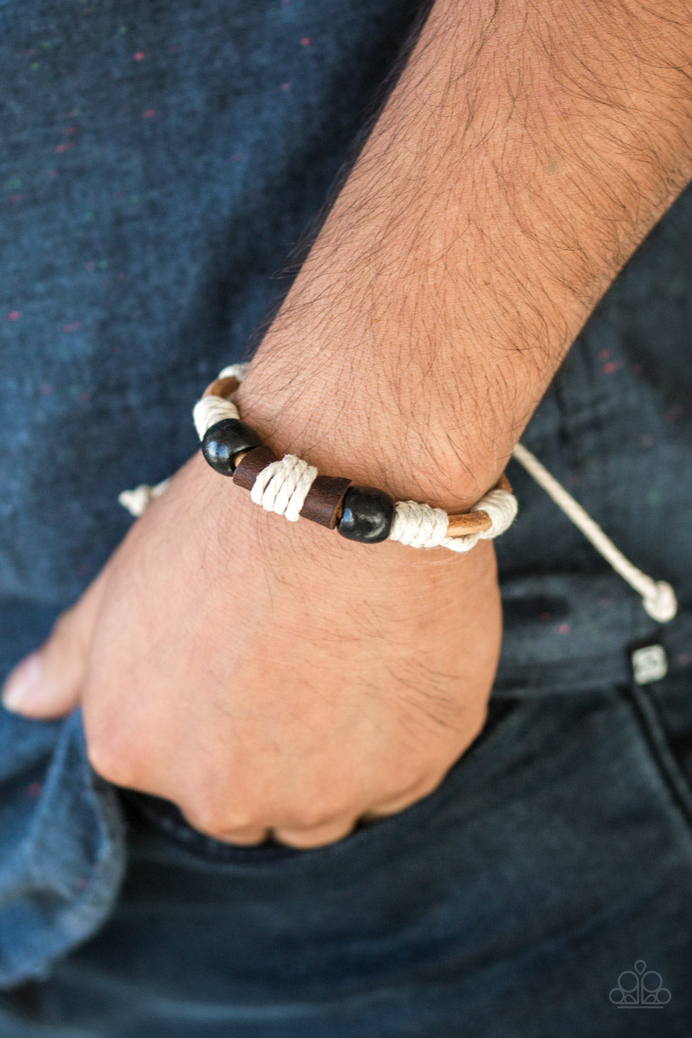 Back in The Backwoods - Paparazzi - Black Wooden Bead Rolled Leather Cording Urban Bracelet