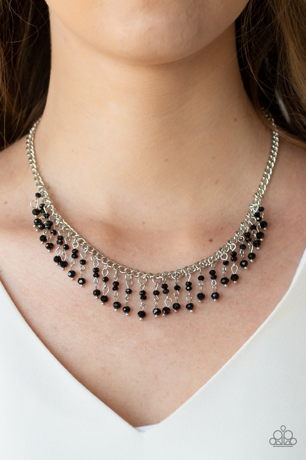 Sporadic Sparkle Paparazzi Black Bead Silver Fringe Necklace